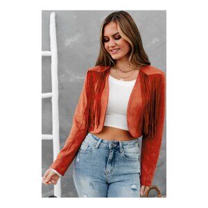 FATE | Faux Suede Fringe Cropped Jacket | Brick Red/Burnt Orange | Large